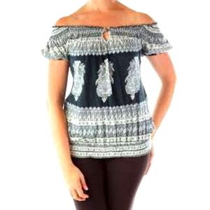 Lucky Brand Womans Navy Cream Print‎ Scrunch Off the Shoulder Top Size Medium